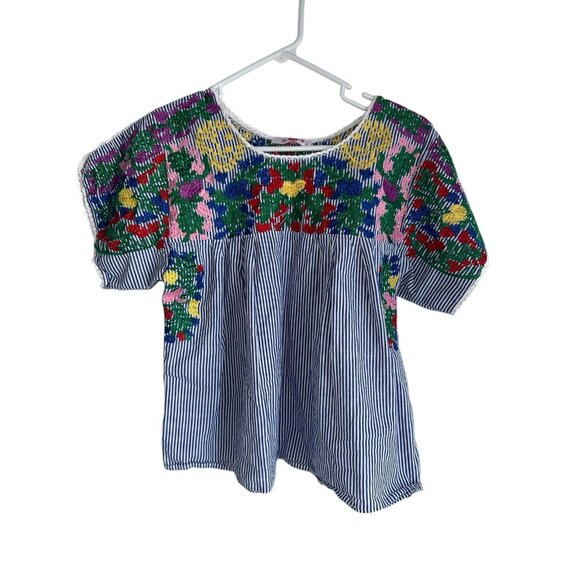 Buddy Love Womens Embroidered Peasant Blouse Sz M Blue White Stripe Floral Boho - Picture 1 of 5